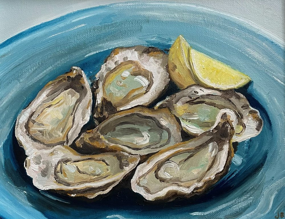 Oil painting of oysters with a lemon wedge on a blue plate