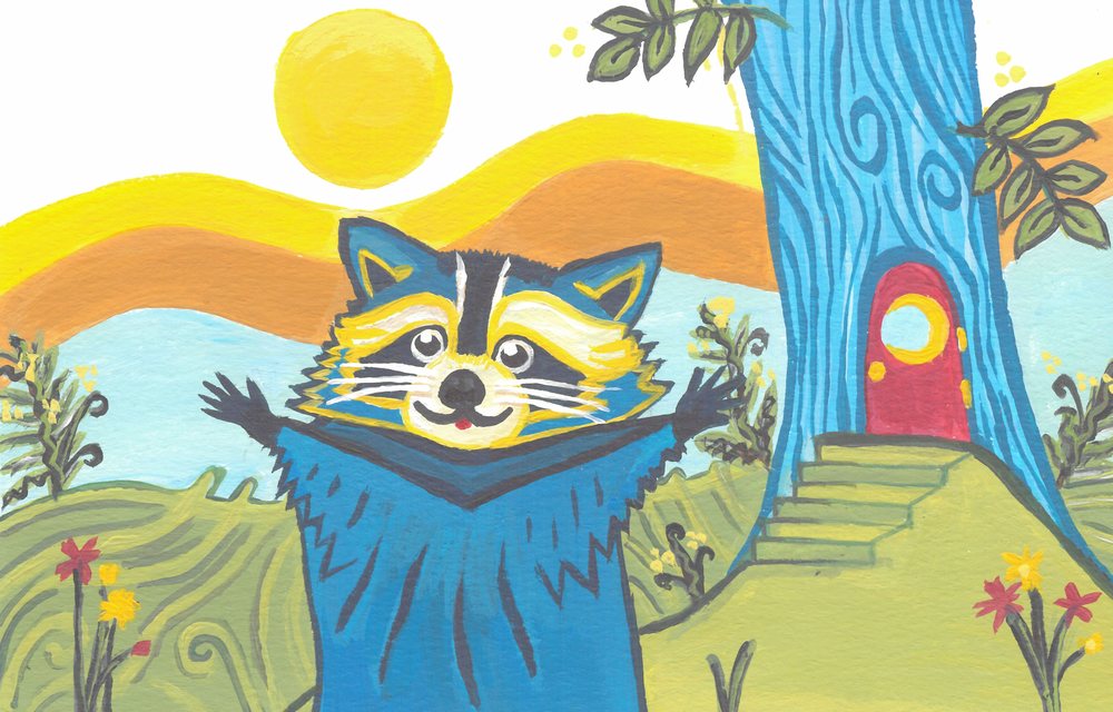 Pip the blue raccoon, arms open, in front of a tree house with a red door