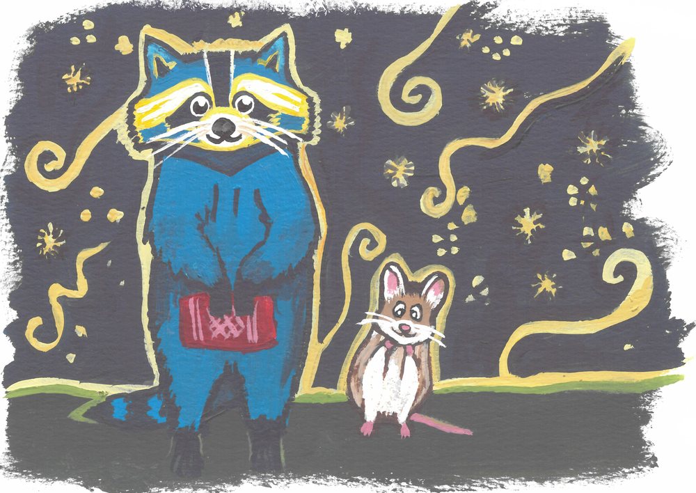 Pip holding a red box beside Mouse under a starry night sky