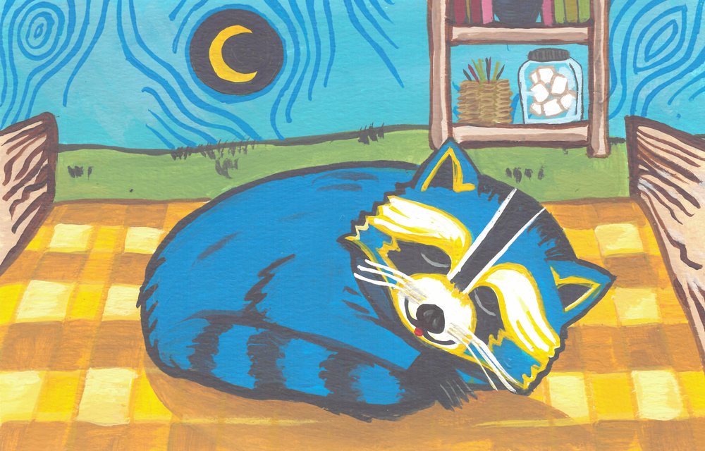 Pip curled up asleep on a yellow checked blanket under a crescent moon