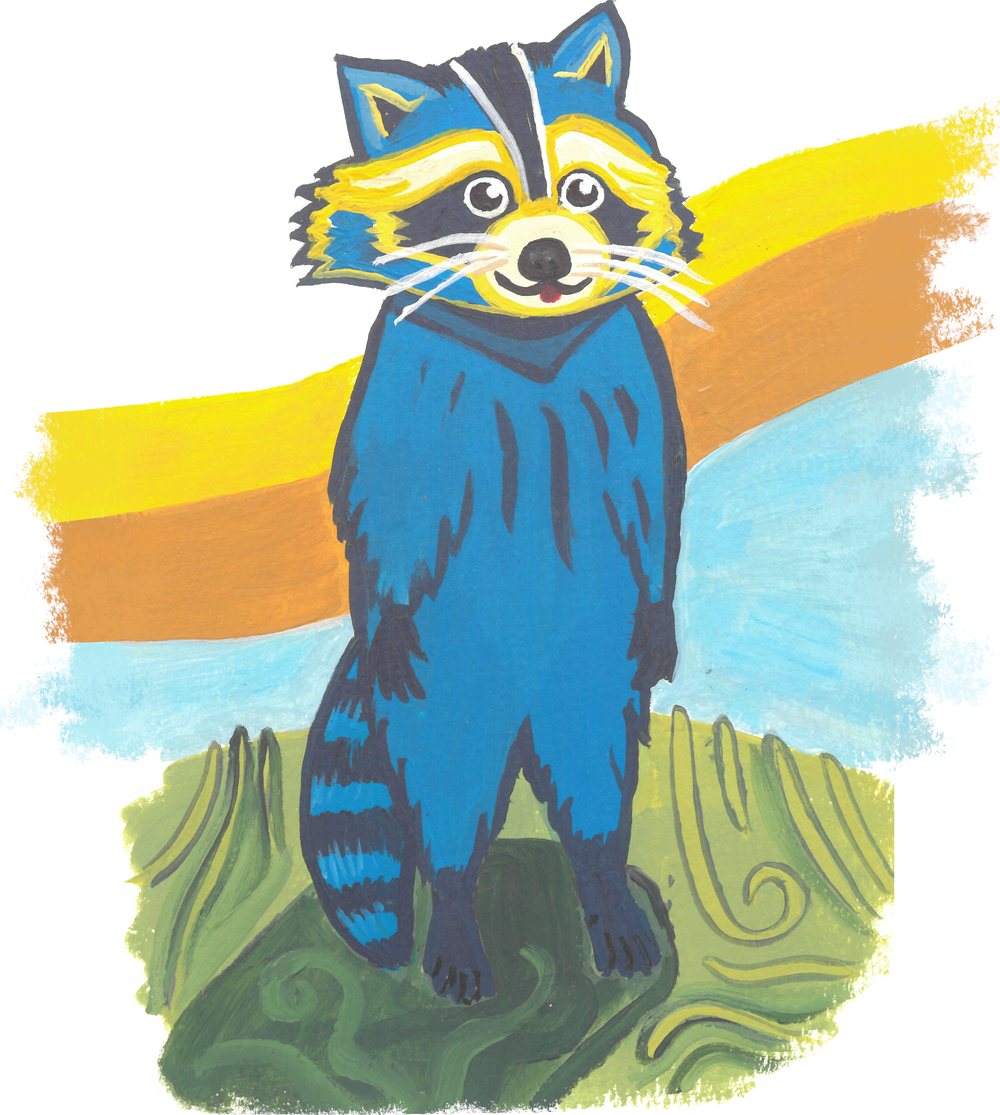 Pip standing on a green hill in front of yellow, orange, and blue stripes