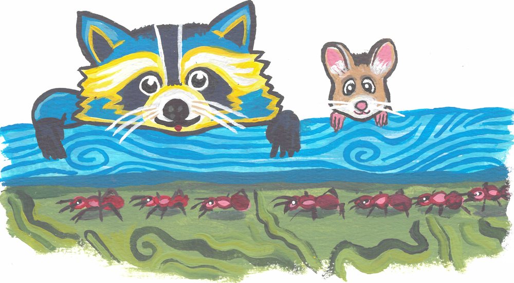 Pip and a mouse peeking over a river at a line of red ants